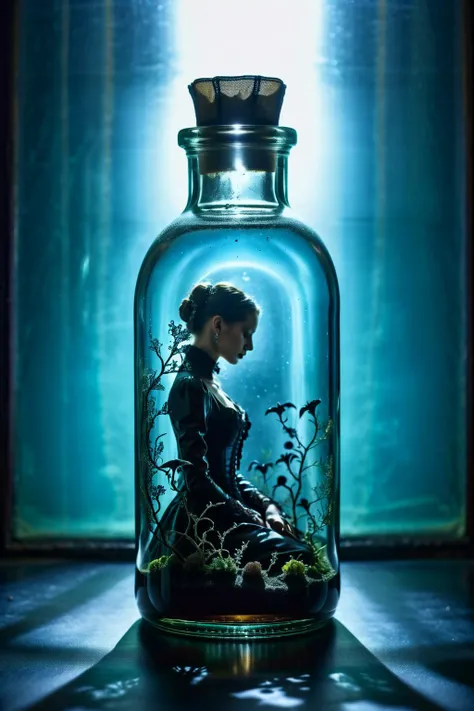 a woman sitting in a glass jar with a plant inside