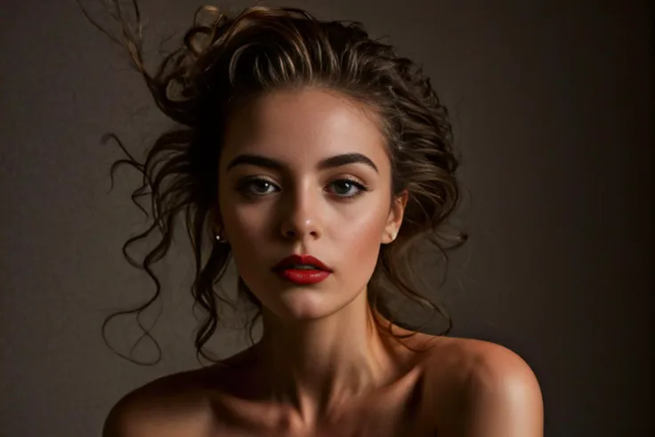 a close up of a woman with a red lipstick and a dress