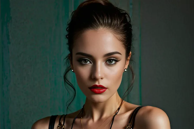 araffed woman with red lipstick and a black dress posing for a picture