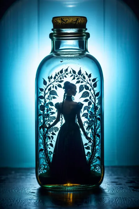 there is a glass jar with a silhouette of a woman inside