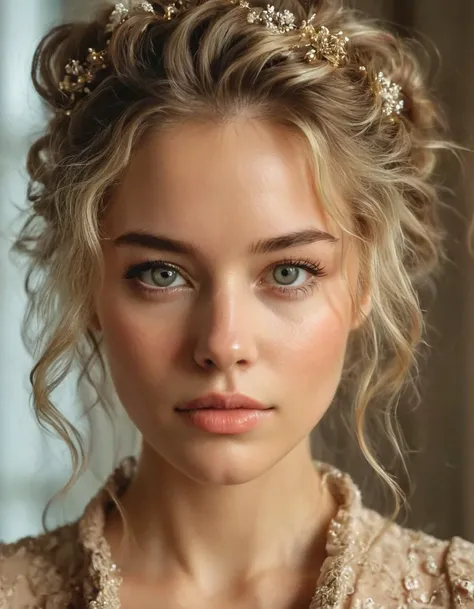 cinematic still the most dynamic AI generated image of a karelian female ever,Brown-Grey eyes, Medium Blonde colored hair in a messy updo style . emotional, harmonious, vignette, 4k epic detailed, shot on kodak, 35mm photo, sharp focus, high budget, cinema...