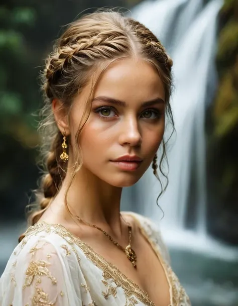 a woman with a braid updo and a waterfall in the background