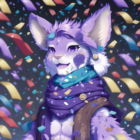 <lora:bunny_niji:1>,  furry, anthro, 

 1boy, confetti, happy birthday, midriff, purple hair, scarf, solo