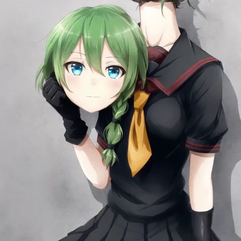 <lora:dullahan3:1.2>,  dullahan, headless, disembodied head, severed head,

1girl, bangs, black gloves, black ribbon, black serafuku, blue eyes, braid, elbow gloves, gloves, green hair, green neckerchief, hair between eyes,