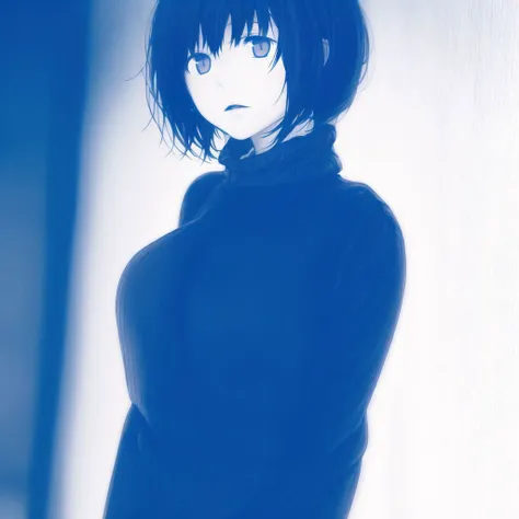 <lora:himura_kiseki:1>, monochrome, blue, blue theme, 

masterpiece, best quality, 1girl, solo, black eyes, black hair, black sweater, bob cut, closed mouth, medium hair, simple background