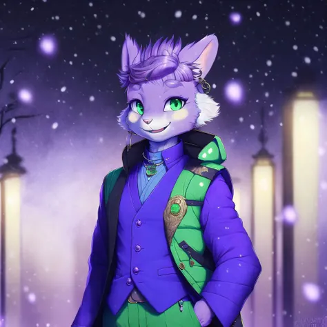 <lora:bunny_niji:1>,  furry, anthro, 

 1boy, arms up, bangs, black background, cowboy shot, earrings, formal, green eyes, grin, haruchiyo sanzu, highres, jacket, jewelry, long hair, long sleeves, looking up, male focus, pants, pink hair, purple jacket, pu...