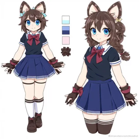 <lora:furry_model_sheet2:1.0>,  solo, model sheet, multiple views,  anthro, furry,

 1girl, ahoge, blue eyes, bow, braid, brown hair, fingerless gloves, gloves, hair bow, hair ornament, honeycomb background, looking at viewer, pleated skirt, school uniform...