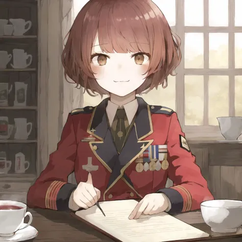 <lora:sakutake-2:1>,  sakutake (ue3sayu), 

1girl, bangs, blurry, brown eyes, clipboard, closed mouth, cup, depth of field, epaulettes, extra, fang, foreshortening, highres, holding, huira444, jacket, korean, long sleeves, looking at viewer, military, mili...