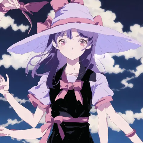 <lora:extra_arms:1.0>, extra arms,

<lora:retro3:1>, muted pastel colors, retro anime, 1990s anime, 1980s anime, brush strokes, 1girl, bow, dress, female focus, frills, hat, lightning, purple hair, red eyes, ribbon, shawl, short hair, solo