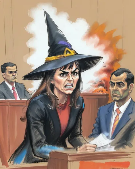 courtroom-sketch of megumin causing an explosion in court as she is tried for terrorism, witch hat,evil grin,explosion,<lora:last:0.6>