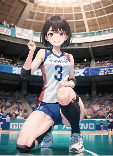 fisheye,1girl, volleyball uniform, indoor stadium, standing, hand up, (v:1),squatting, audience, crowd, looking at viewer,from below, grin(masterpiece, high quality:1.2)