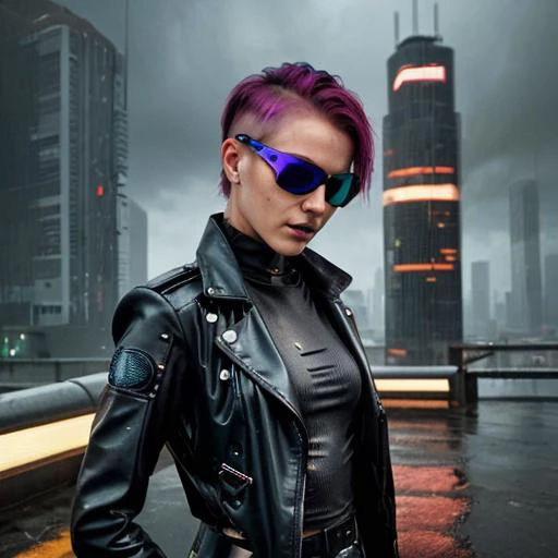 <lora:cybergirl_sd15_v4_15000_lora_f16:0.60>, 35mm (photo) in dark, rainy, smoggy cyberpunk cityscape of gothic corpo future punk Cybergirl, BREAK wet natural hair, BREAK tech sunglasses BREAK ,,, detailed face, warm smile, confident pose, [shows ass], glo...