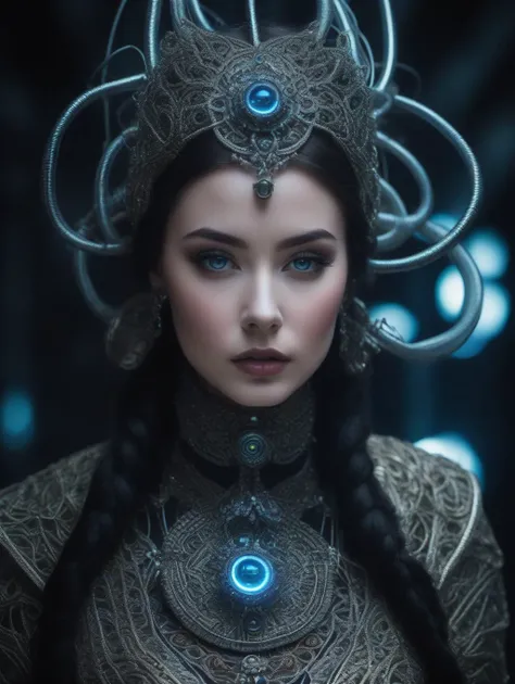 sexual biomechanical hacker - shaman of the sisterhood of cables wearing cable - dress made of cables with biomechanical filigree, super haute couture highly detailed eye, focus on eyes and face, highly detailed lips, highly detailed skin, bokeh, lenseflar...