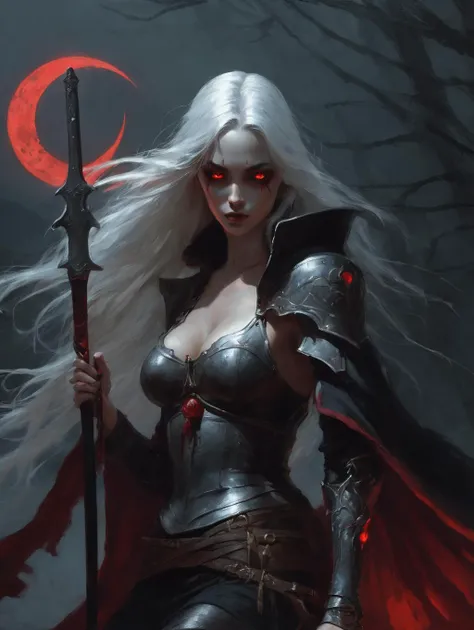 a gorgeous female human necromancer, long silver hair, scythe , bone armor, glowing red eyes,  
fantasy, dark room, dim light , blood moon, high contrast, best shadow, cinematic lighting 
 art by Gerard Brom, Alex Maleev  
(best quality, masterpiece, )