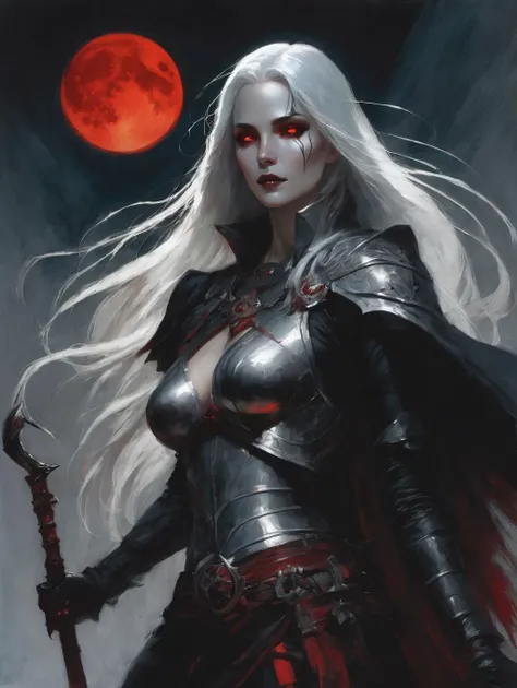 a gorgeous female human necromancer, long silver hair, scythe , bone armor, glowing red eyes,  
fantasy, dark room, dim light , blood moon, high contrast, best shadow, cinematic lighting 
 art by Alex Maleev and  Alex Ross
(best quality, masterpiece, )