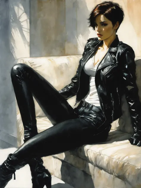 1 female, short hair,  with black leather jacket, 
  sit on the sofa,
best shadow, dramatic lighting, 
 art by Gerard Brom, Alex Maleev  
(best quality, masterpiece, )