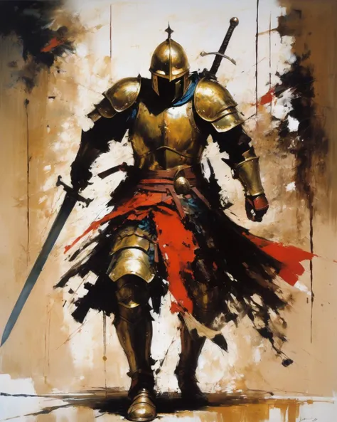 1  warrior,  swing a huge sword,
armor
dry brush strokes, oil painting 
  (best quality, masterpiece, art by Ashley Wood )