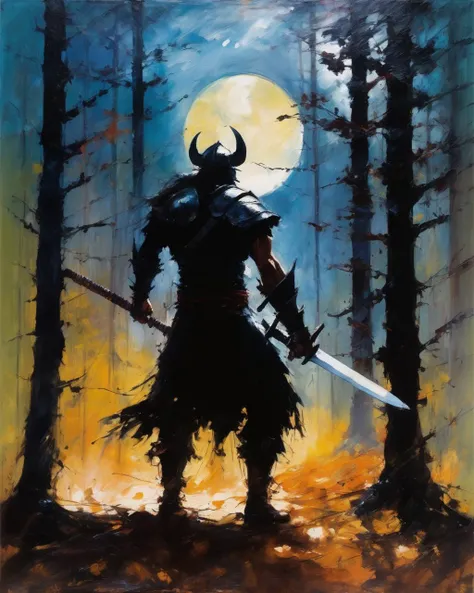 1 man, berserker,   swing a huge sword,
dark armor,
forest,
shadow,
moon light
dry brush strokes, oil painting 
  (best quality, masterpiece, art by Ashley Wood )