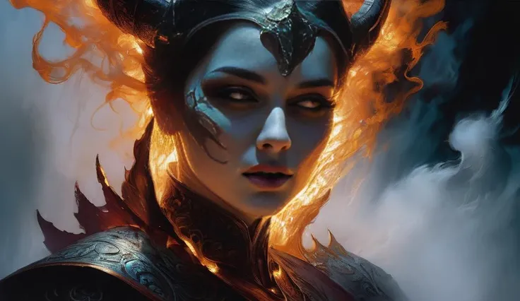 portrait a lying demon female made of wisps of smoke ready to tear into your soul, painting by Mark Brooks and John Berkey, high contrast dynamic lighting, fantasy, eyes of flame, intricate detail, sharp focus, masterpiece, anatomical details, full body sh...