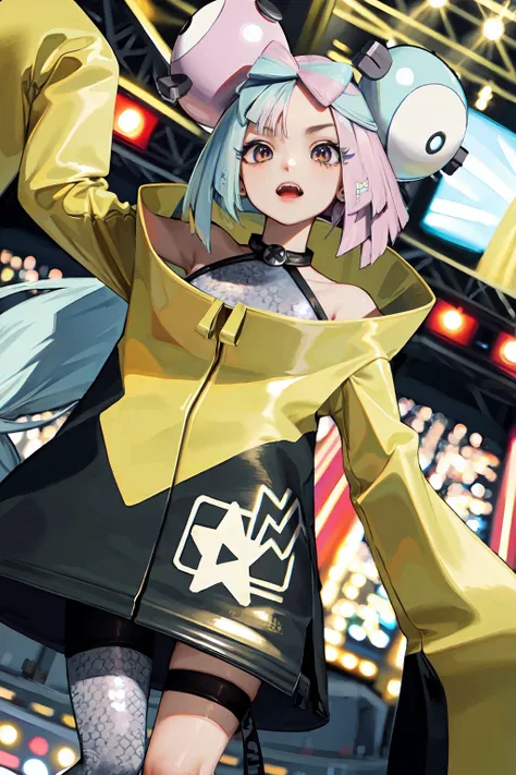 anime girl in a yellow raincoat and black boots standing in front of a neon sign