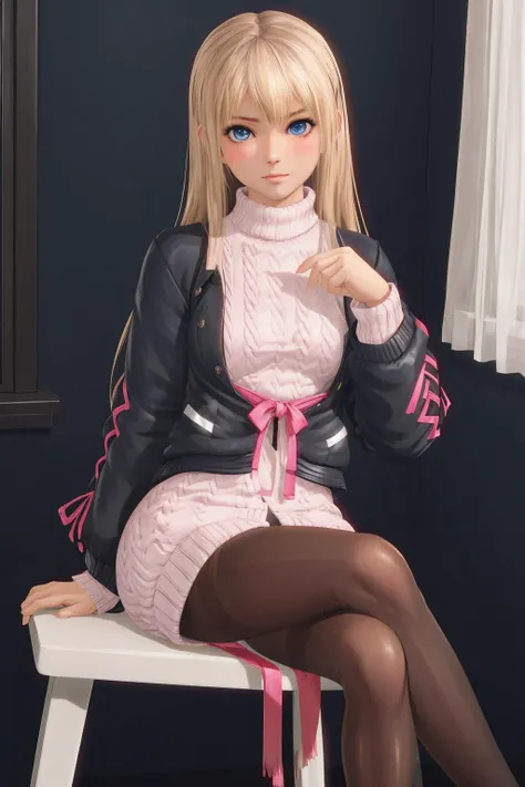 masterpiece, best quality, marie rose, shy, blush, sweater, jacket, pantyhose,  long hair, blue eyes, looking at viewer, sitting, crossed legs, focus on thighs <lora:marie-000018:0.6>