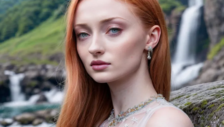 long shot scenic professional photograph of Ultra realistic high definition Sophie Turner, Real life actress, Ultra realistic high definition micro detail eyes, Ultra realistic high definition micro detail lips, Ultra realistic high definition micro detail...