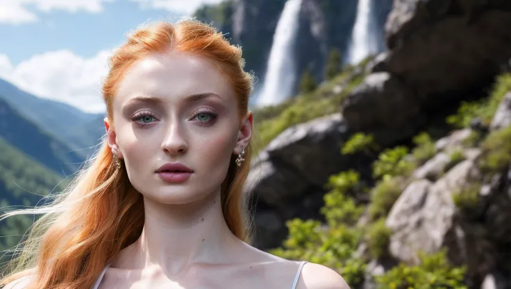 long shot scenic professional photograph of Ultra realistic high definition Sophie Turner, Real life actress, Ultra realistic high definition micro detail eyes, Ultra realistic high definition micro detail lips, Ultra realistic high definition micro detail...