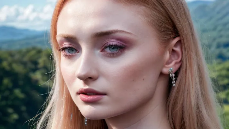 long shot scenic professional photograph of Ultra realistic high definition Sophie Turner, Real life actress, Ultra realistic high definition micro detail eyes, Ultra realistic high definition micro detail lips, Ultra realistic high definition micro detail...