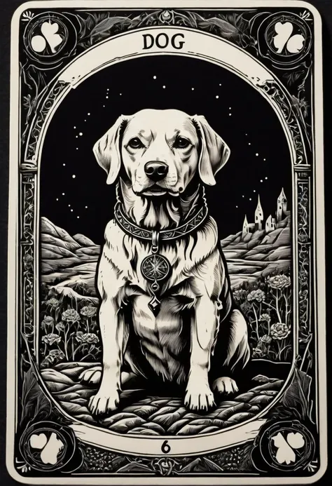 tarot_card, dog, front perspective, flat, frame,( square:1.1), (white outline:1.2)  <lora:tarot_card:1>