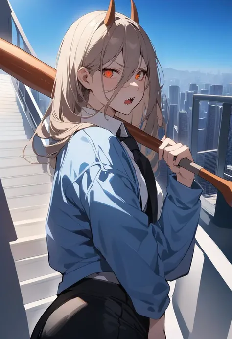 masterpiece, best quality <lora:csm_power_xl-000004:1> powerdef, sharp teeth, cross-shaped pupils, blue jacket, long sleeves, white shirt, black necktie, black pants, upper body, furrowed brow, open mouth, looking at viewer, holding baseball bat, cityscape...