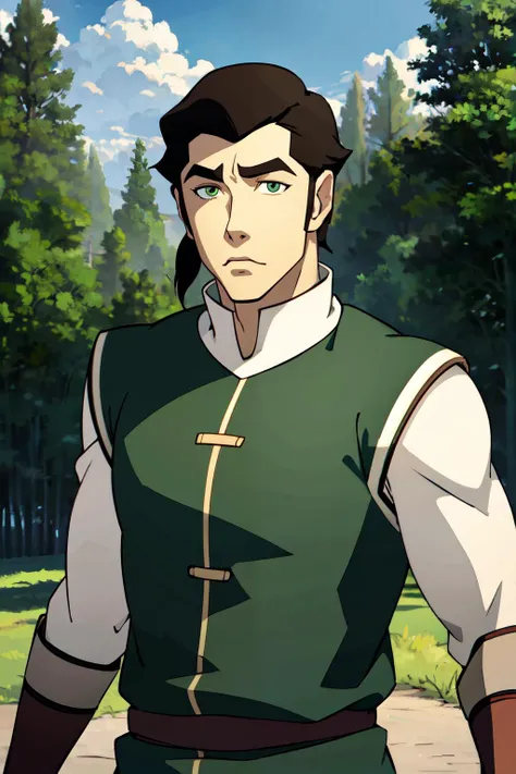 ((masterpiece,best quality)), absurdres,  <lora:The_Legend_of_Korra:0.8>,  the legend of korra, masterpiece, best quality, 1boy, male focus, solo, green eyes, black hair, muscular, round nose, day, thick eyebrows, outdoors, nature, sky, forest, armor, uppe...