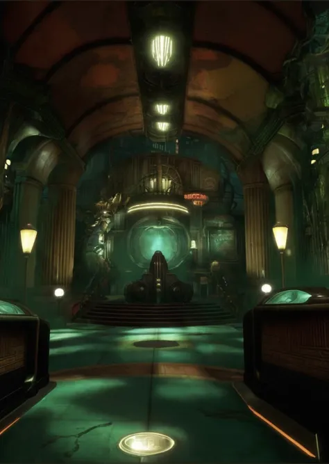 screencap of bioshock videogame, inspired by Rapture city, art deco , nvidia raytracing demo, concept art, cobra<lora:Rapture:1.0>