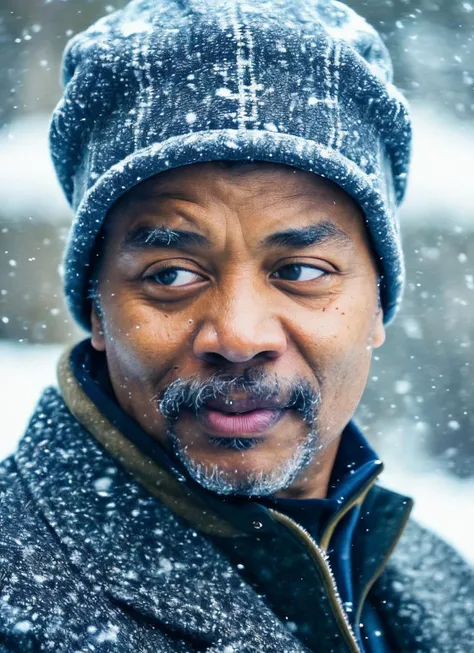 a close up of a man with a hat on in the snow