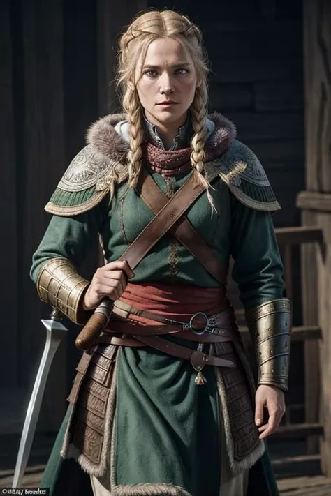 a woman in a green dress holding a sword and a sword