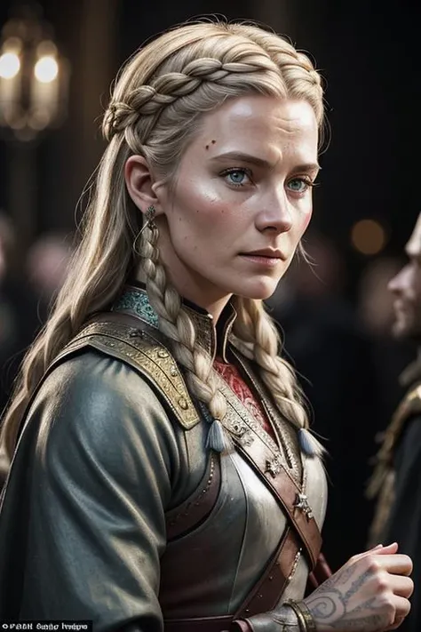 an Denmark actress Cecilie Stenspil who played the role  viking woman Eivor in Assassins Creed - Valhalla, muscular body, tattoos, an old scar on her cheek, in coats of ring-mail, and in foreign helmets