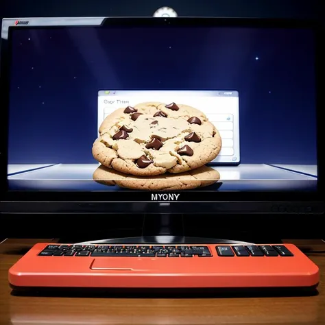 Hyperrealistic art realistic photo of one cookie on a keyboard inside of information technilogy, background Monitor on screen cyberspace of information technilogy