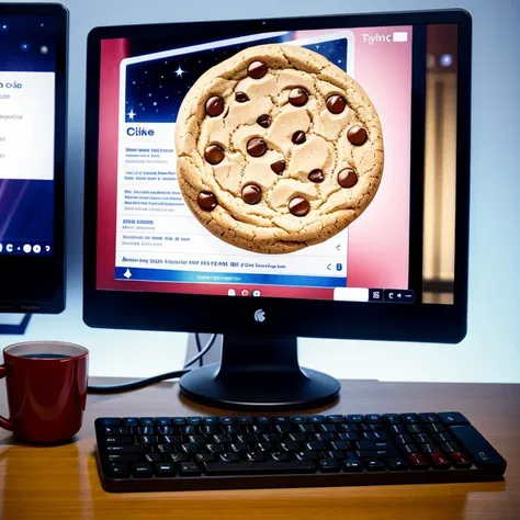 Hyperrealistic art realistic photo of one cookie on a keyboard inside of information technilogy, background Monitor on screen cyberspace of information technilogy