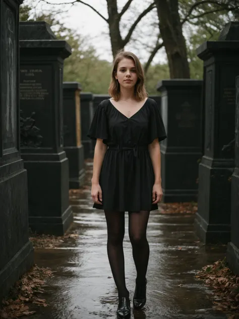 raw photo, 1girl
break
, tearful sad expression, "ready-for-a-funeral", black dress, looking down, in a rainy graveyard at dusk,...