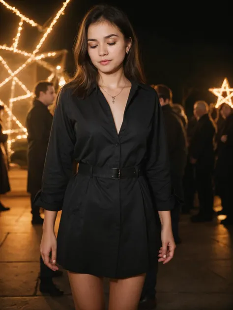 a woman in a black dress standing in front of a crowd