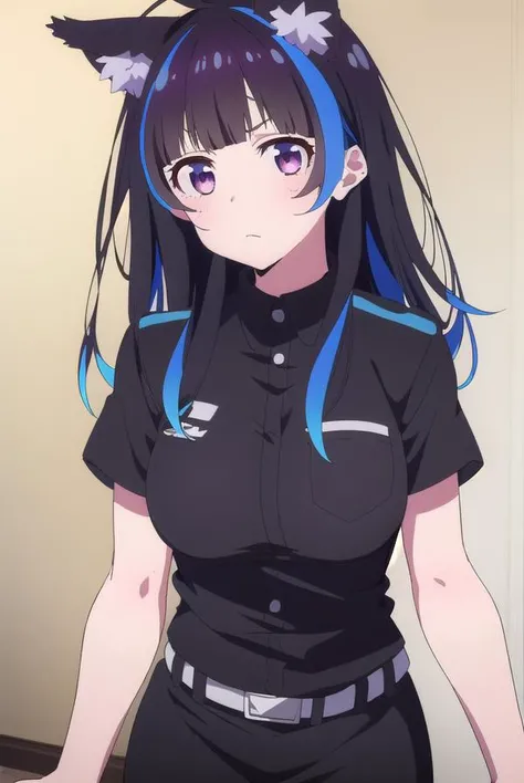 miniyaemori, <lora:miniyaemori-lora-nochekaiser:1>,
mini yaemori, long hair, bangs, black hair, blue hair, (purple eyes:1.1), multicolored hair, blunt bangs, streaked hair, ahoge,
BREAK skirt, shirt, animal ears, short sleeves, collared shirt, belt, cat ea...