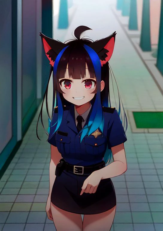 (masterpiece, best quality:1.2), extremely detailed, soft ambient lighting, sharp focus, 4K, BREAK <lora:Mini Yaemori V1:1>, mini yaemori, officer outfit, mini skirt, cat ears, cat paws, long black hair and blue hair, red eyes, smile, BREAK outdoors, publi...