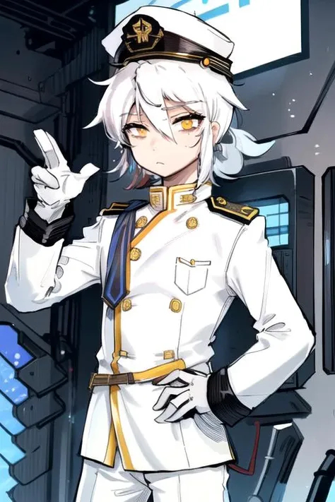 solo, 1boy, straight hair, hair between eyes, disdain, white hair, short shaggy hair, white clothes, (white military uniform:1.2), yellow eyes, (white military hat:1.1), science fiction, karasu_chan,  <lora:karasu_chan:1>