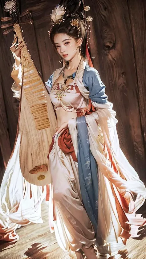 a close up of a woman in a costume holding a musical instrument