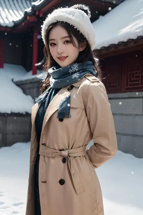 a woman in a coat and hat standing in the snow