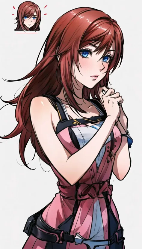 a woman with long red hair and blue eyes is holding a knife