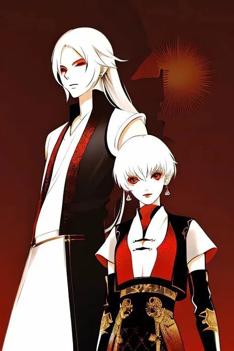 red background, one dry tree, sunlit, lights and shadows, 1girl, 1boy, top body, she is white short hair and gold earrings and red eyes and is wearing black see-through dress shirt, he is white long hair and wearing black West vest with gold patterns