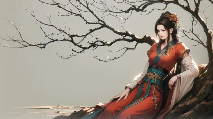 (best quality), ((masterpiece)), (highres), illustration, original, extremely detailed,gfcg,, gfcg,,qtcg, 1girl, long hair, solo, sitting, chinese clothes, tree, hanfu, branch, black hair, brown hair, hair ornament, sash<lora:GFJXQ-000006:0.8>