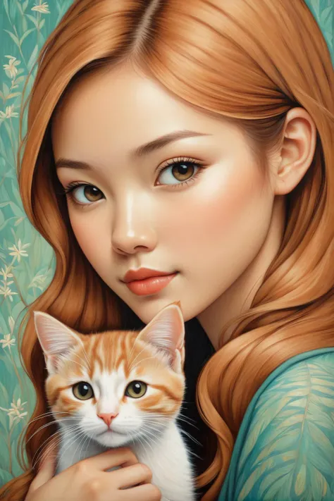 by Duy Huynh, by Audrey Kawasaki, by Becky Cloonan, cute 18 year old woman and her kitten, digital oil pastel on canvas<lora:oil_pastel:1.00>, digital oil pastel on canvas<lora:oil_pastel:1.00>, reddish_blonde_haired, reddish_blonde_haired