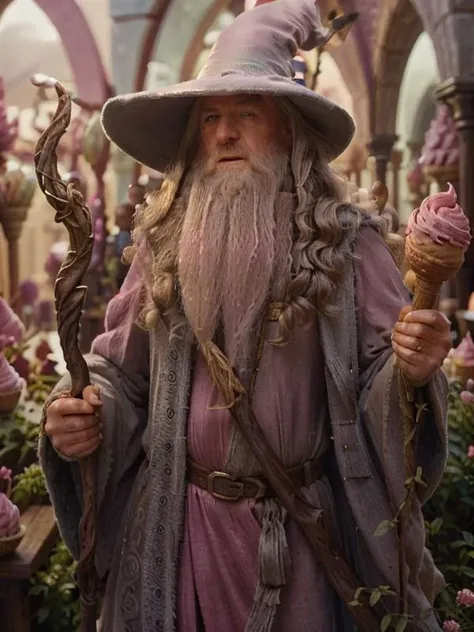 Barbie Gandalf, happy smile, (best quality:1.5), highly detailed, (perfectly drawn face three radiant eyes), masterpiece, dramatic photo, upper body showing, pink clothes, beard, hat, staff in hand, far shot, realistic, RAW photo, amateur, masterpiece, 3d,...