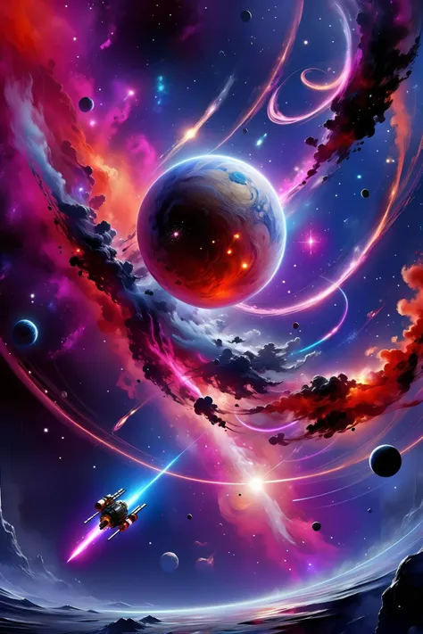 a space scene with planets and a spaceship flying through the sky